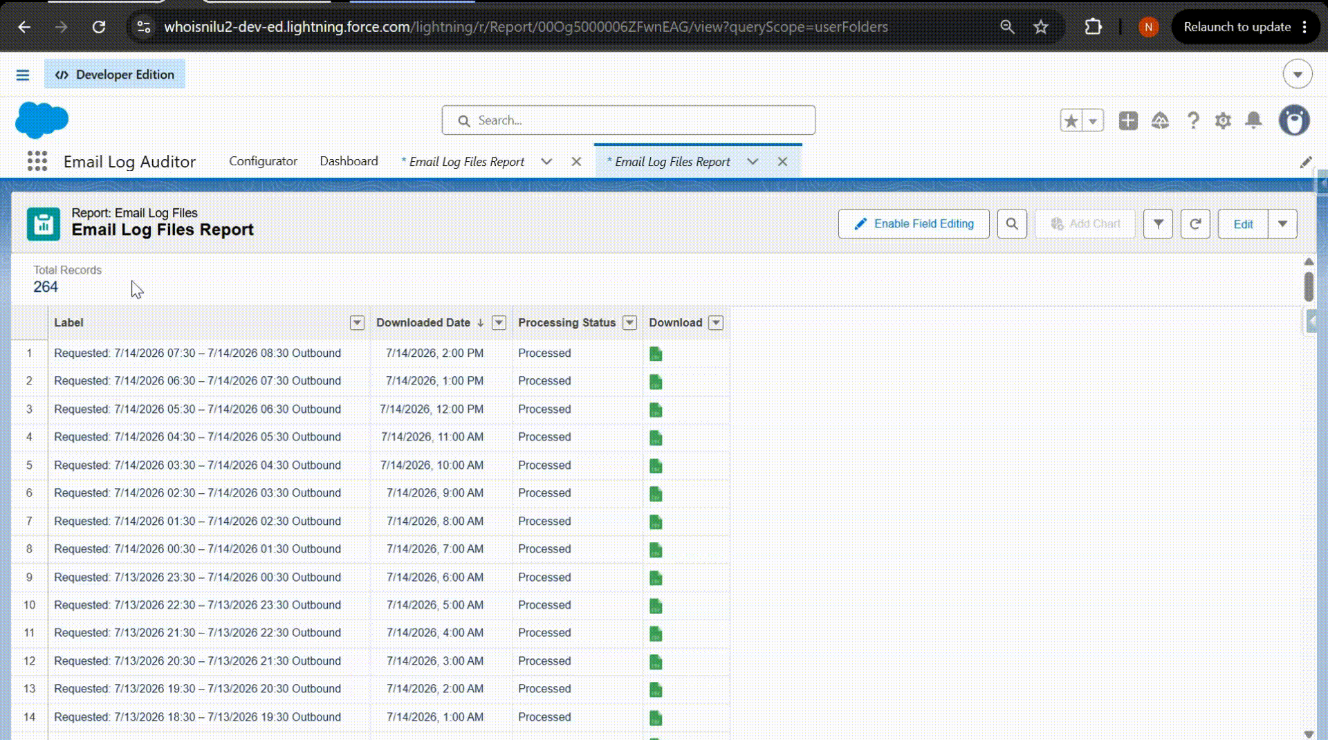 Animated screen recording showing Email Log Auditor automatically downloading and organizing Salesforce email log files with systematic naming