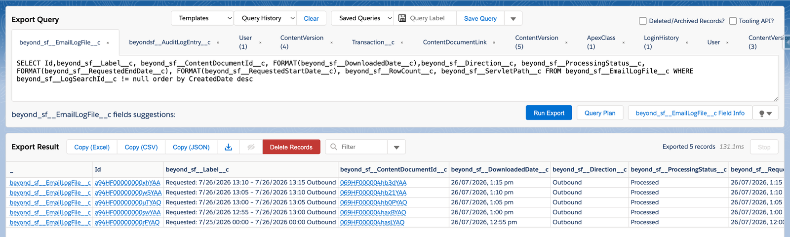 SOQL query result for downloaded Email Log File records